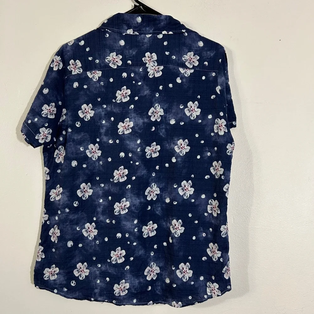 JOGAL Floral Print Button Up Shirt Women's Medium‎ Blue White Short Sleeve - Picture 6 of 6